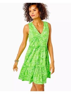 lilly pulitzer dress small S green lorina swing fit flare floral tropical resort